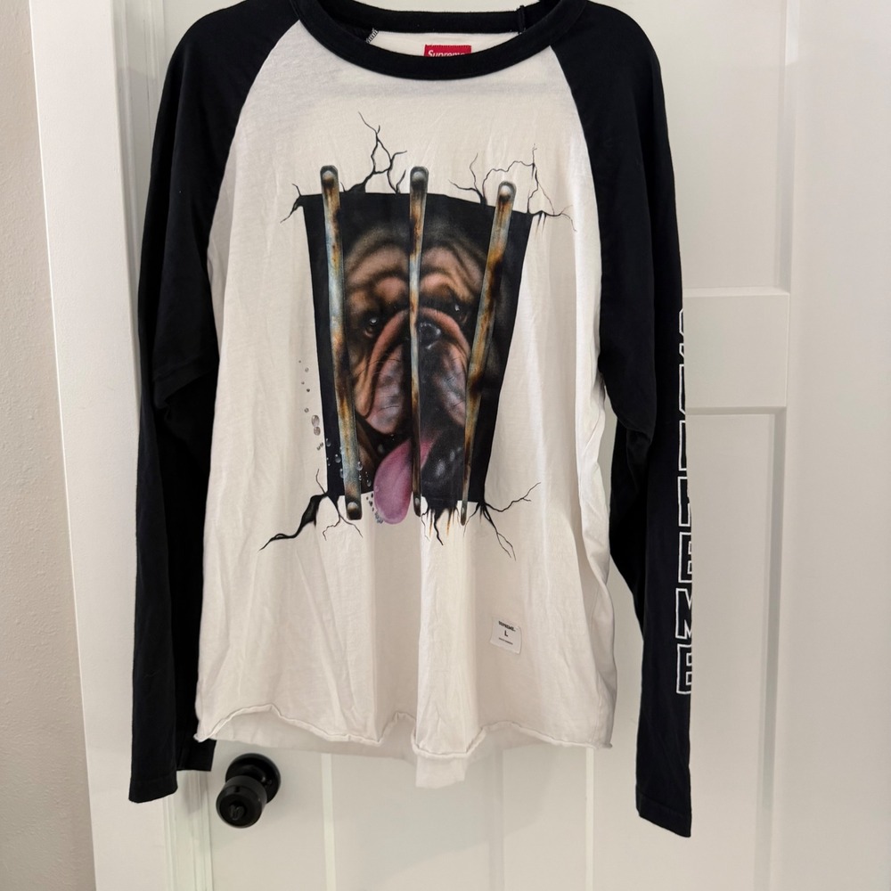 Supreme BullDog Raglan L/S Top Black White Graphic Long Sleeve Shirt Large